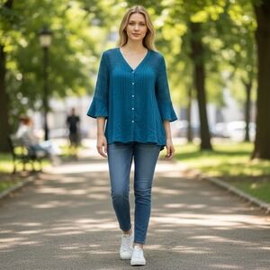 Farmers‎ Market Teal Knit Lace Bell Sleeve V Neck Button Up Tunic Top Size 2X